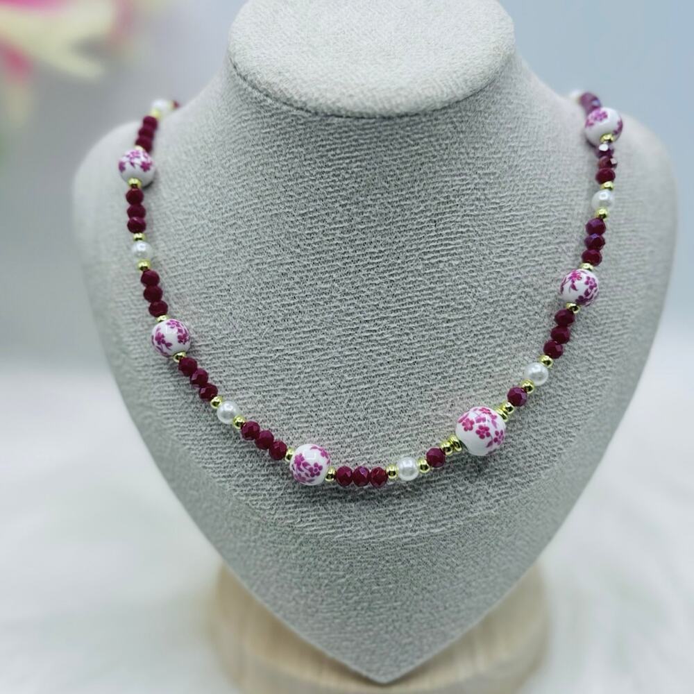 Ceramic Flower Beaded Necklace, Bohemian Style Necklace Pink